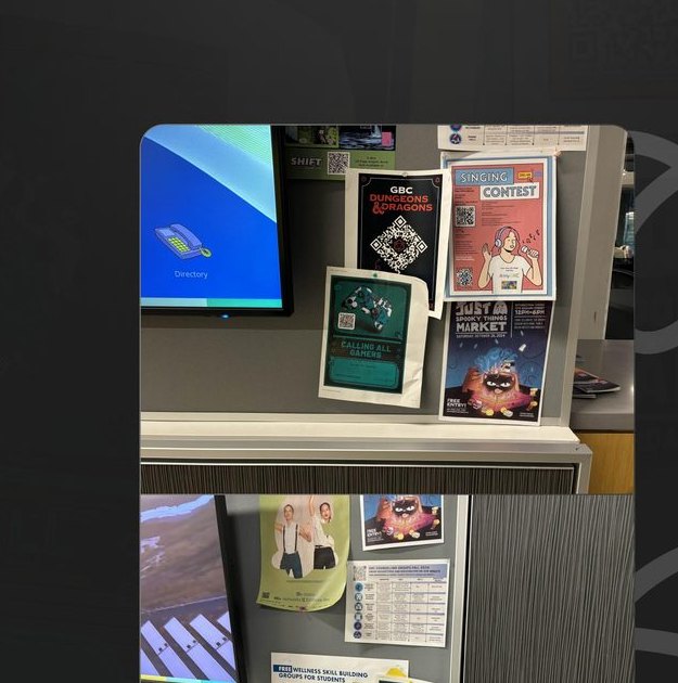 Survey recruitment posters with QR codes displayed on a college campus bulletin board
