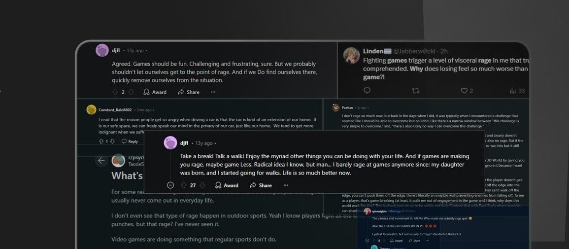 Reddit threads and community forum discussions about game rage and emotional regulation