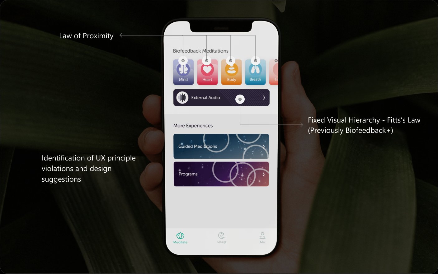 Biofeedback Meditations — v39 with UX principle annotations