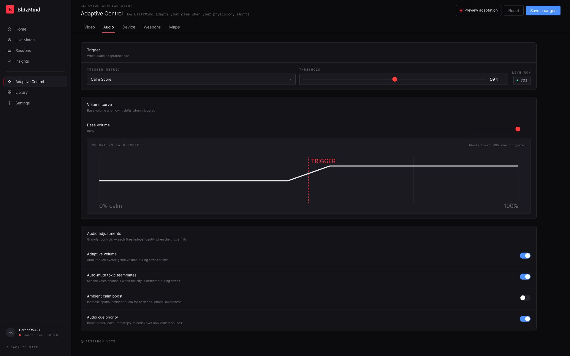 Adaptive Control — Audio tab: volume-vs-calm curve with trigger point, adaptive volume, auto-mute toxic teammates, audio cue priority