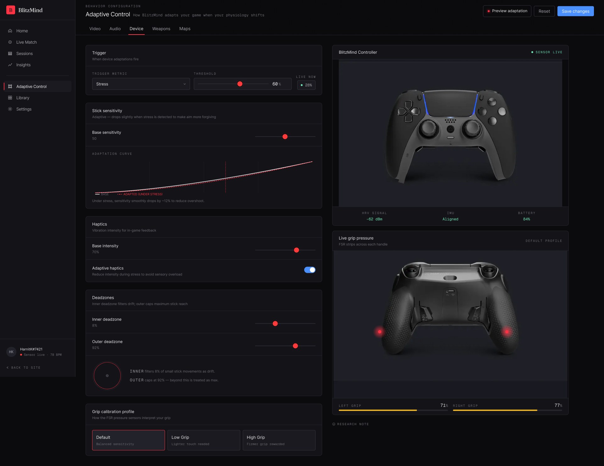 Adaptive Control — Device tab: stick sensitivity adaptation curve, haptics, deadzones, live grip-pressure readout from the controller