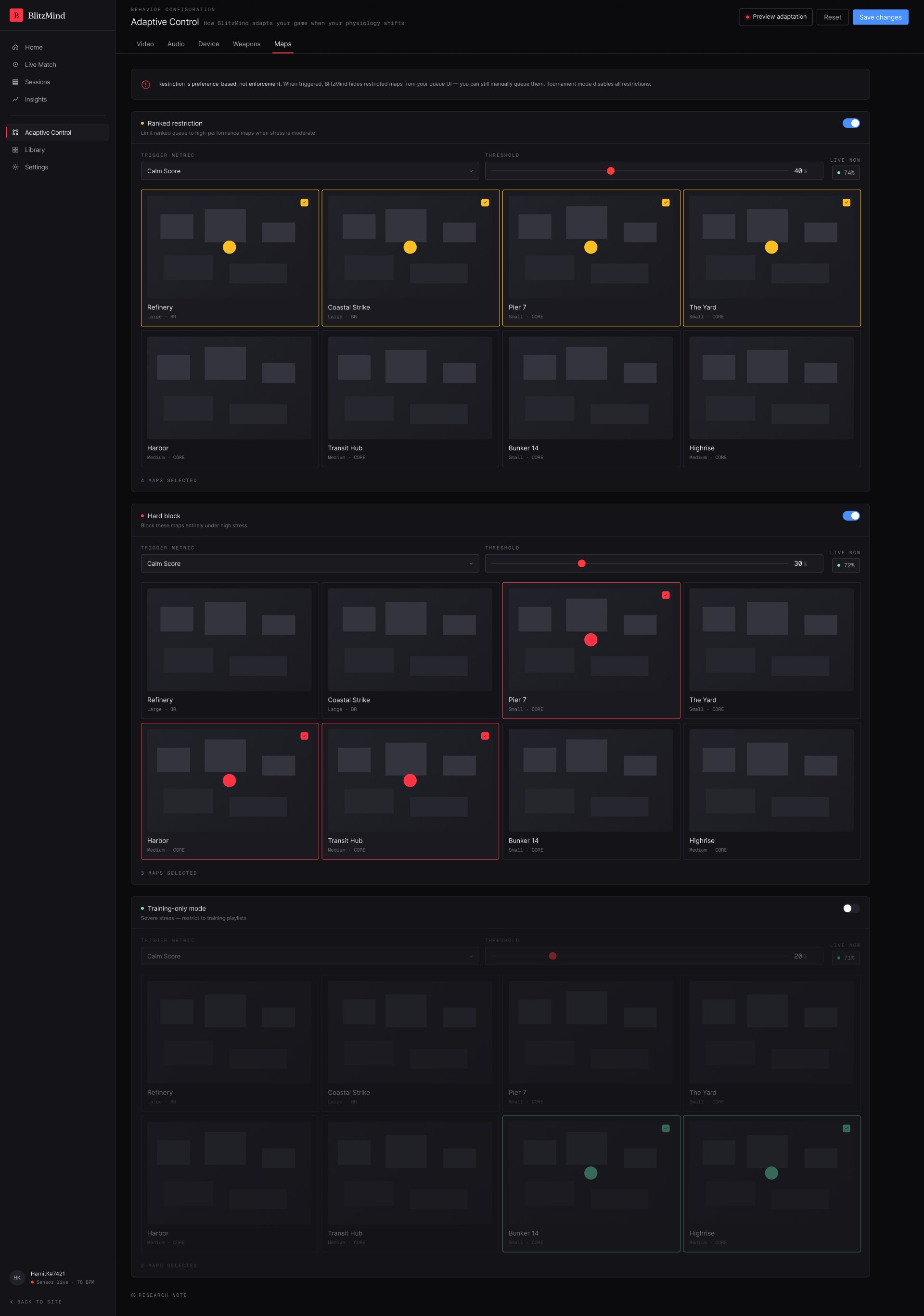 Adaptive Control — Maps tab: ranked restriction, hard block, and training-only mode, each triggered at different calm thresholds