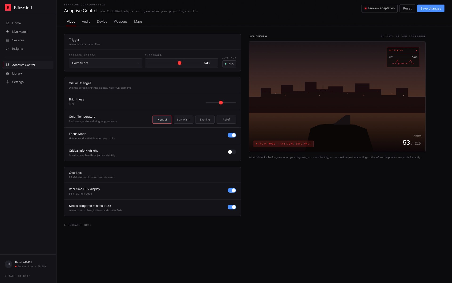 BlitzMind adaptive control panel — video adaptation settings with live in-game preview