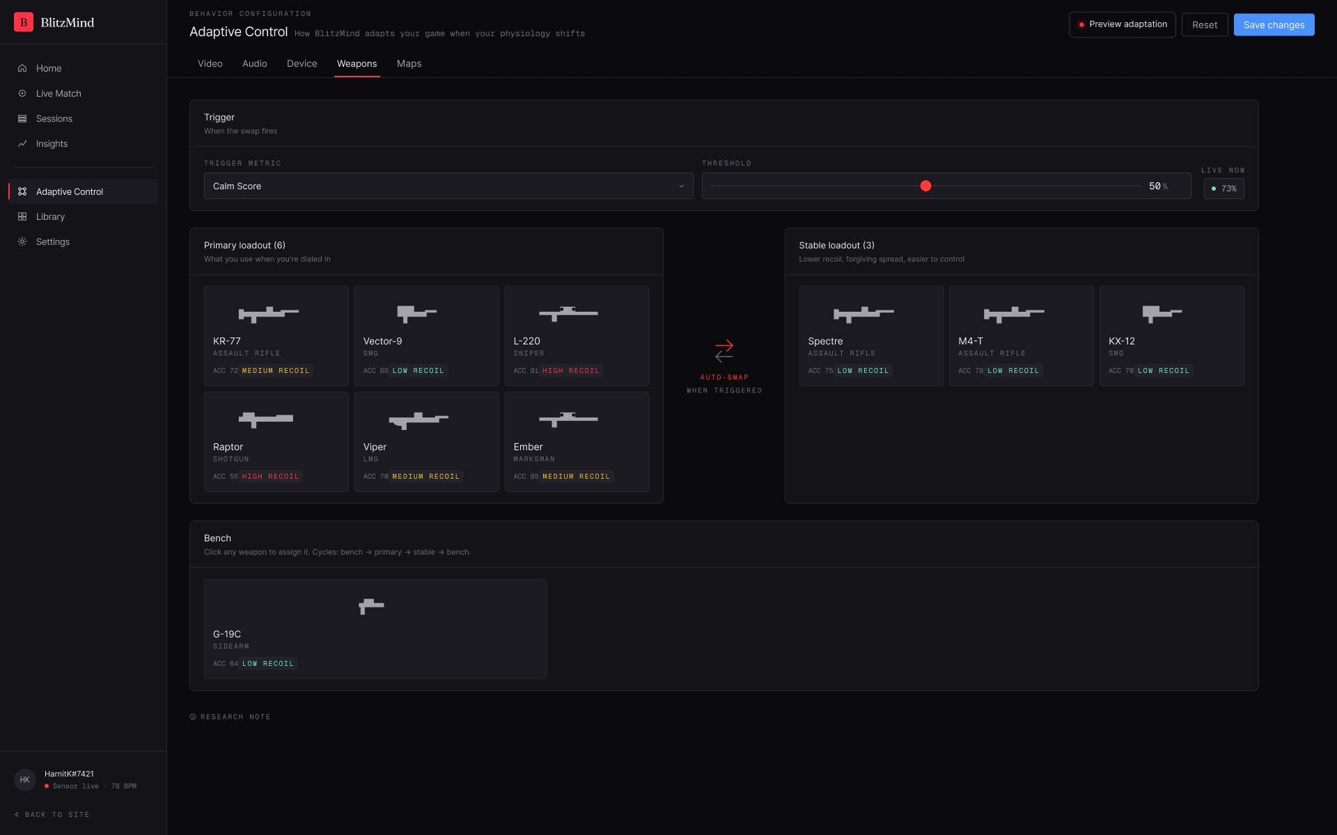 Adaptive Control — Weapons tab: primary loadout vs stable low-recoil loadout, auto-swap when triggered, weapon bench