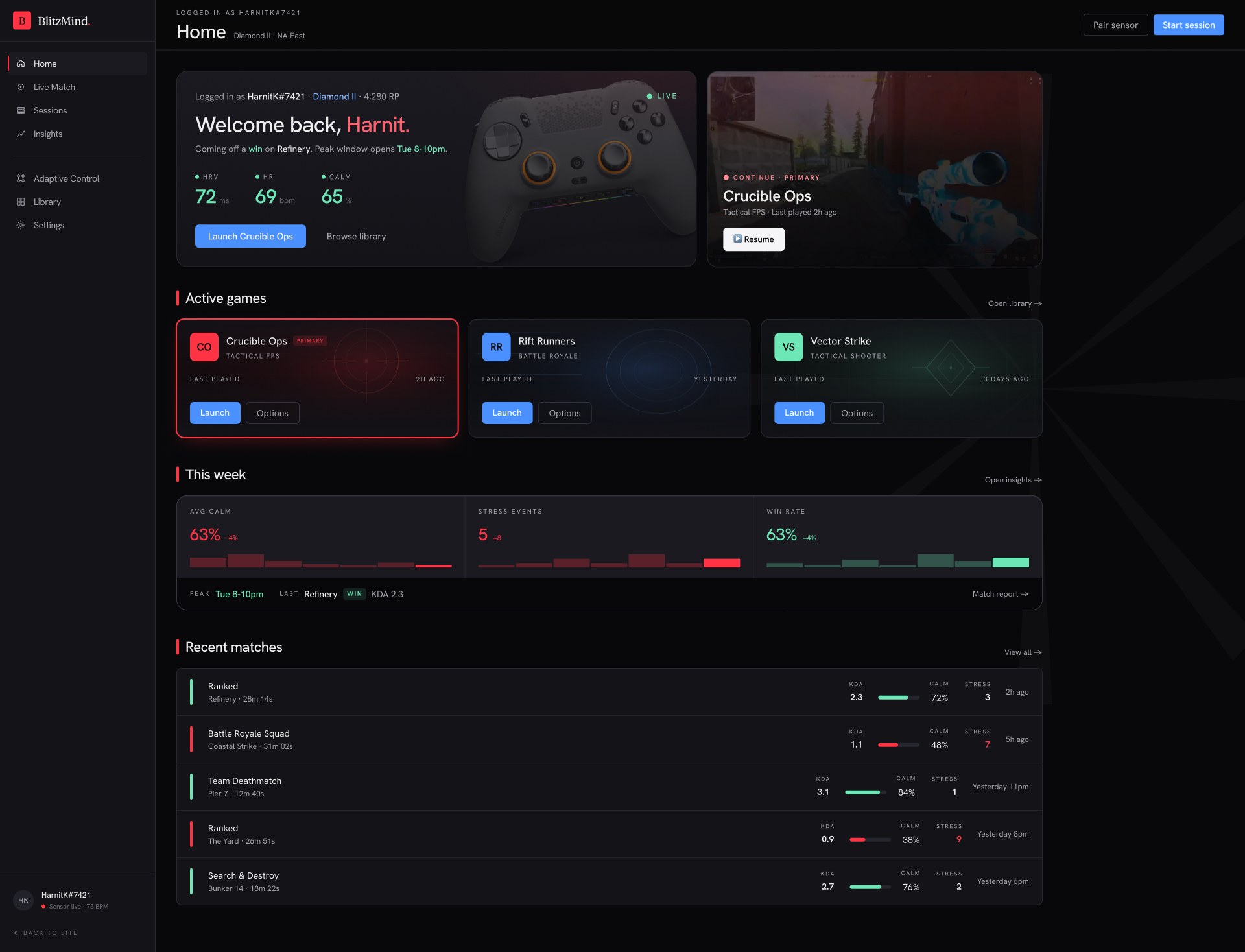 BlitzMind home dashboard — live biometrics, active games, weekly performance
