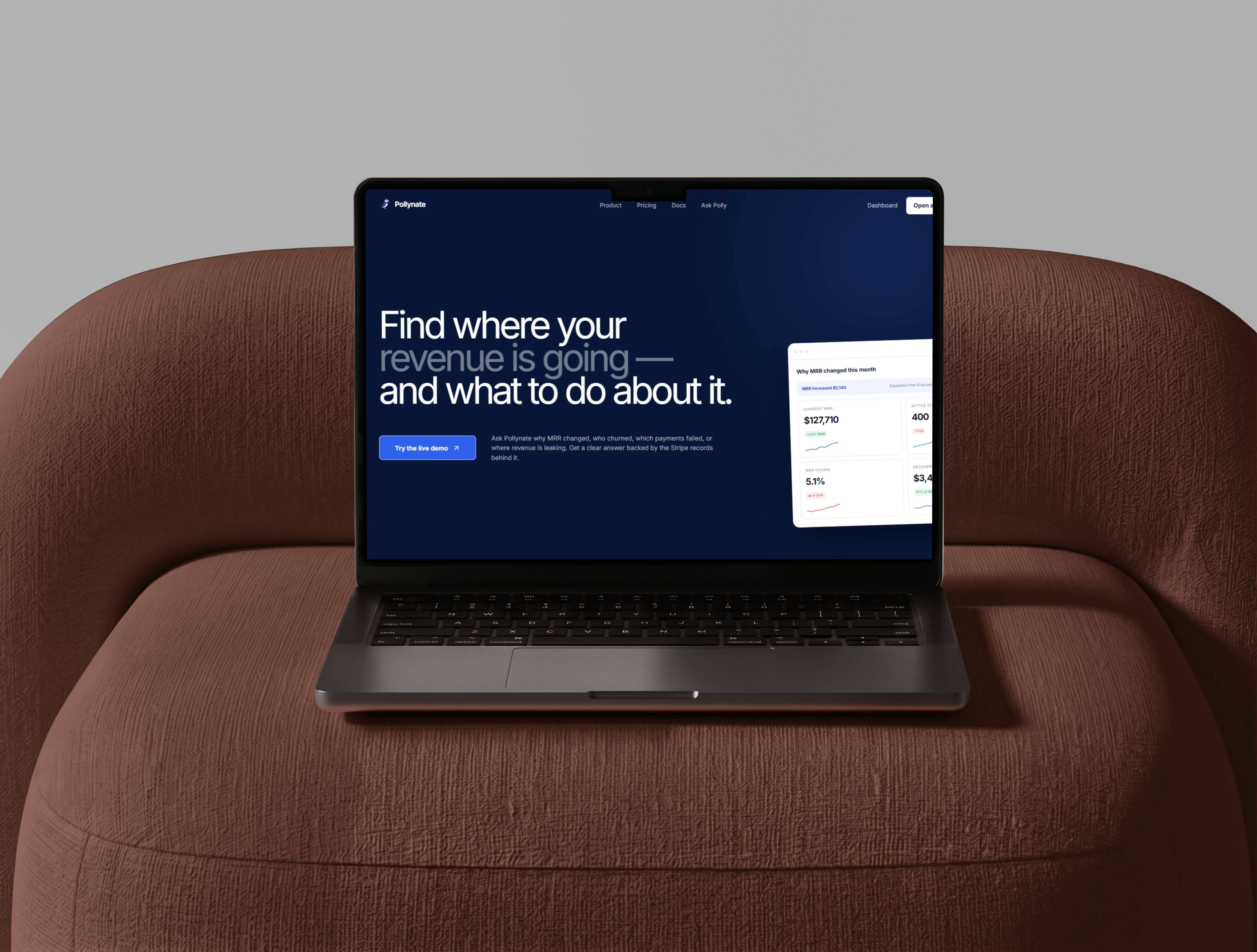 Pollynate dashboard shown on a MacBook Pro resting on a textured boucle sofa