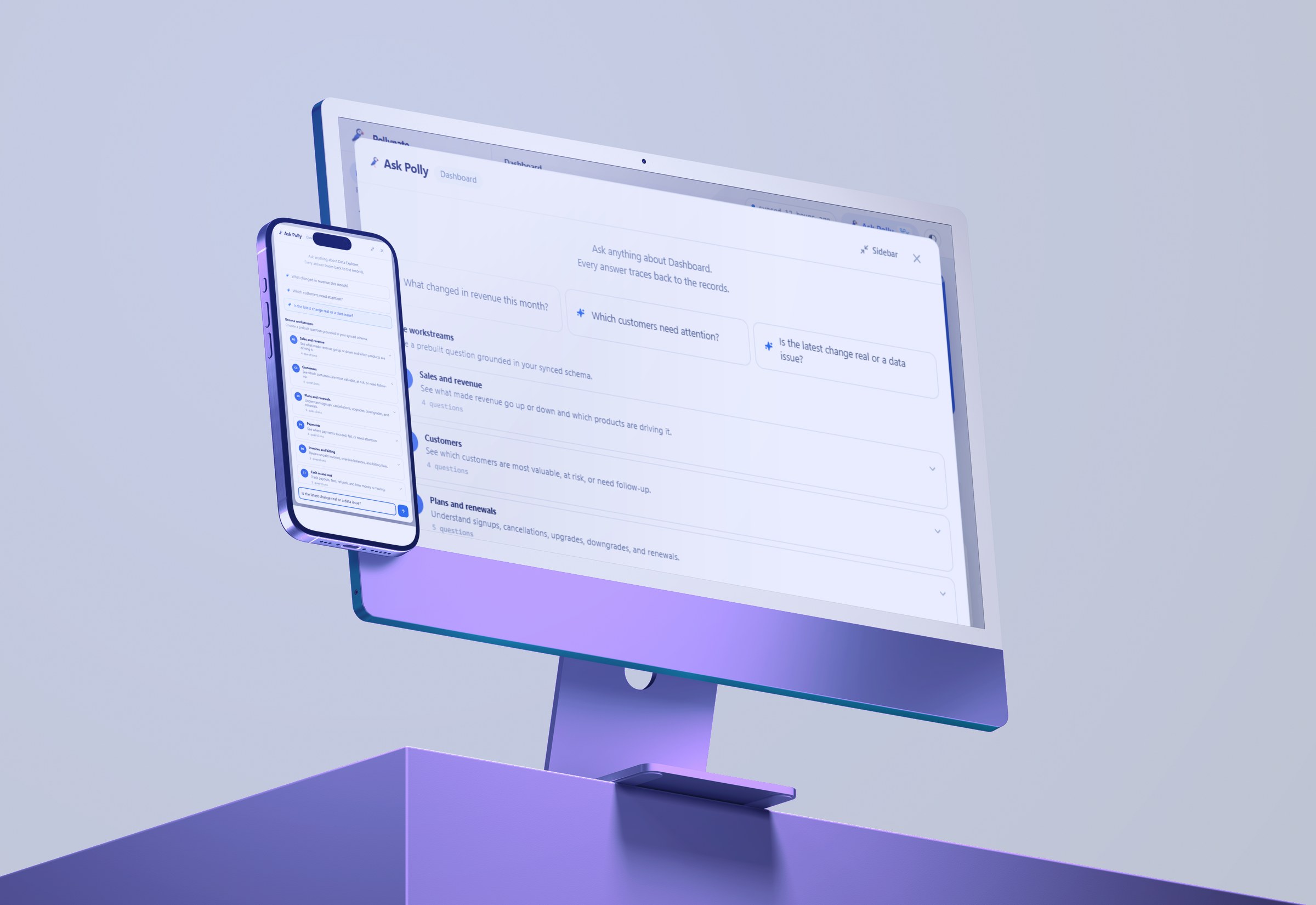 Pollynate Ask Polly on an iMac and iPhone, brand-toned