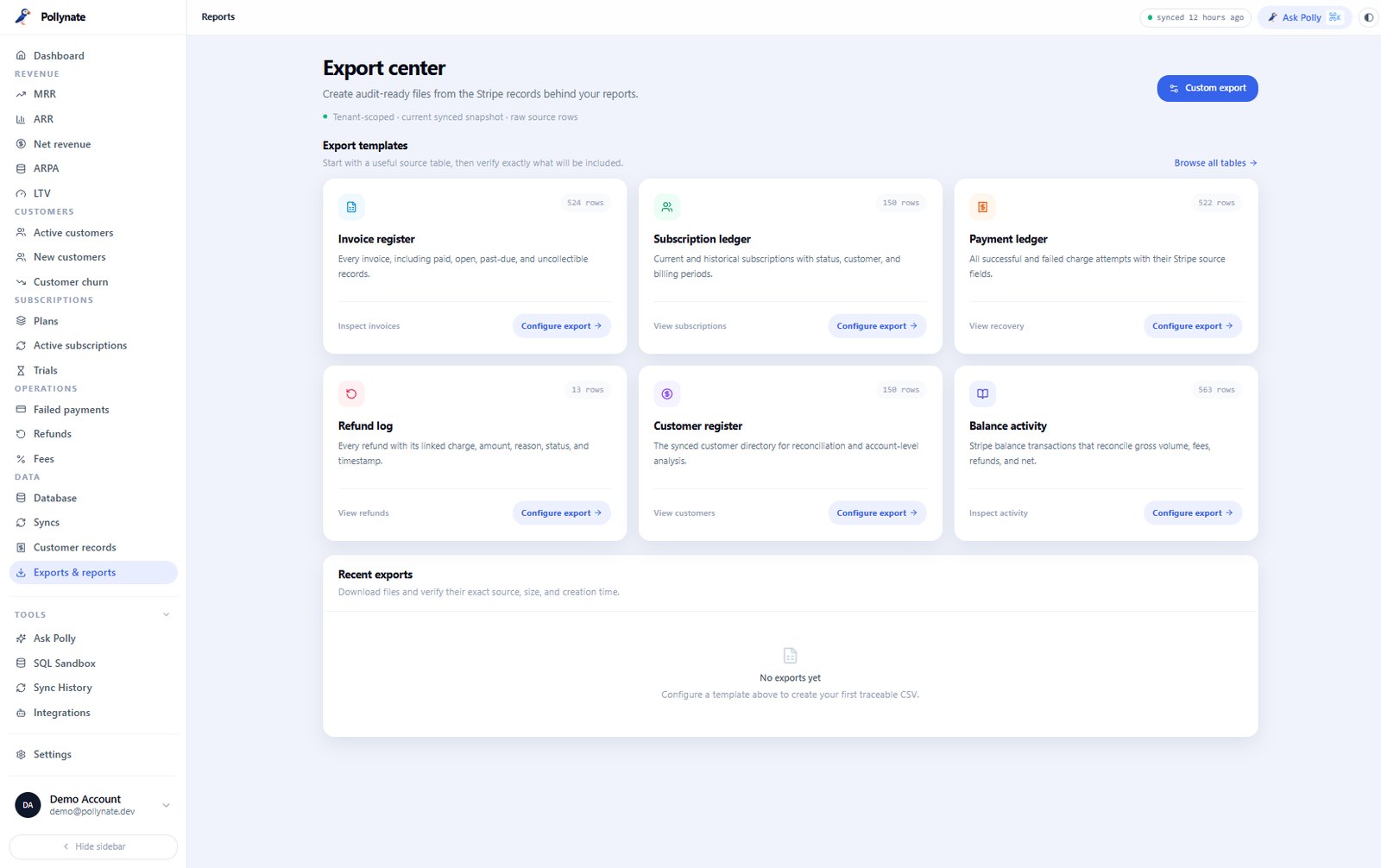 Export center — audit-ready files from the Stripe records behind every report